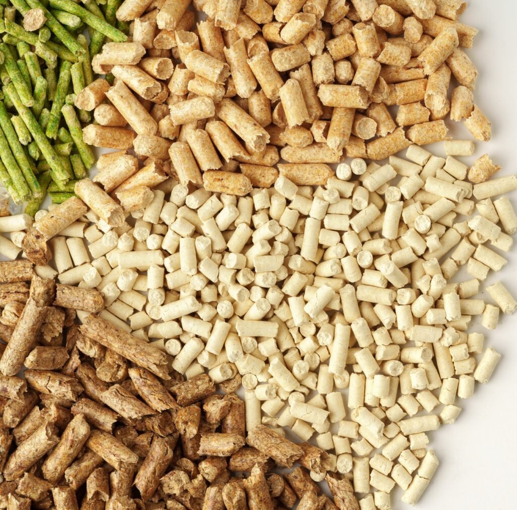 Different types of cat litter close up