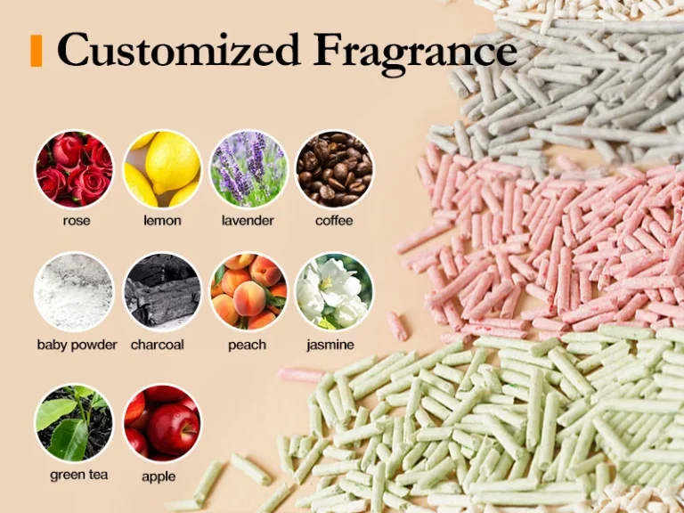 A variety of custom colors and scents available for private label tofu cat litter, including natural, green tea, and lavender. Title: Custom Cat Litter Colors and Scents