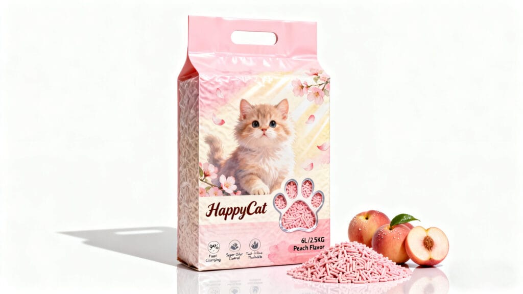 Elegant vacuum-packed private label tofu cat litter with natural peach scent – the perfect hero image for brands launching their own eco-friendly tofu litter line