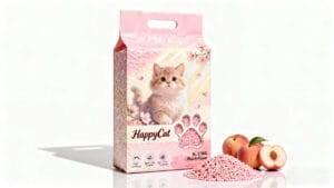Elegant vacuum-packed private label tofu cat litter with natural peach scent – the perfect hero image for brands launching their own eco-friendly tofu litter line