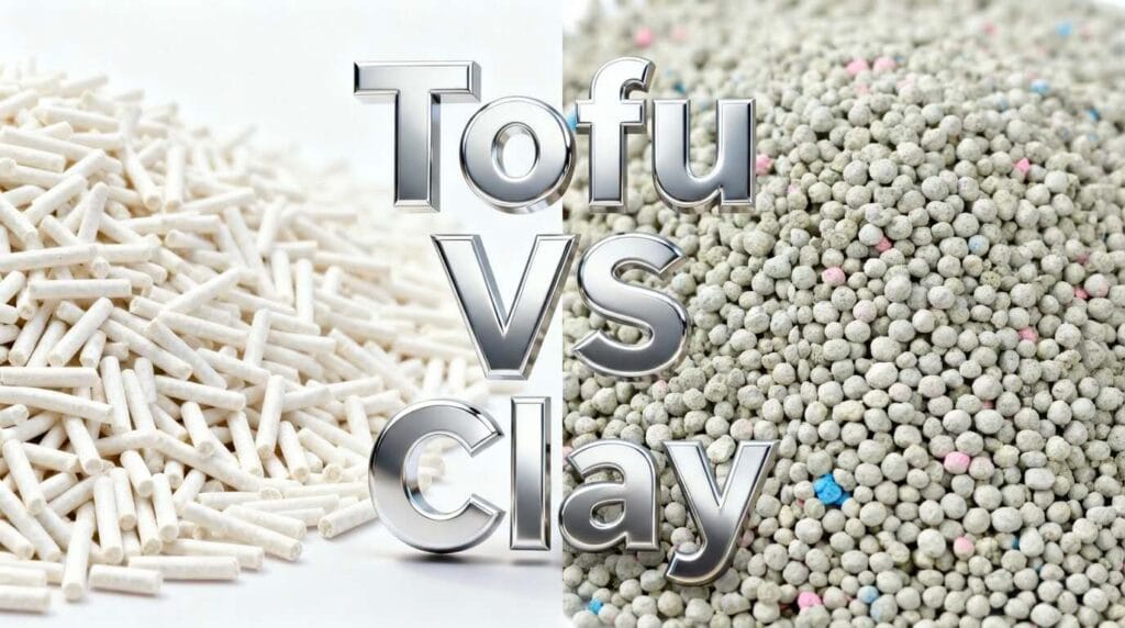 Split image comparing the texture and cleanliness of tofu cat litter vs clay for 2025 pet market trends.